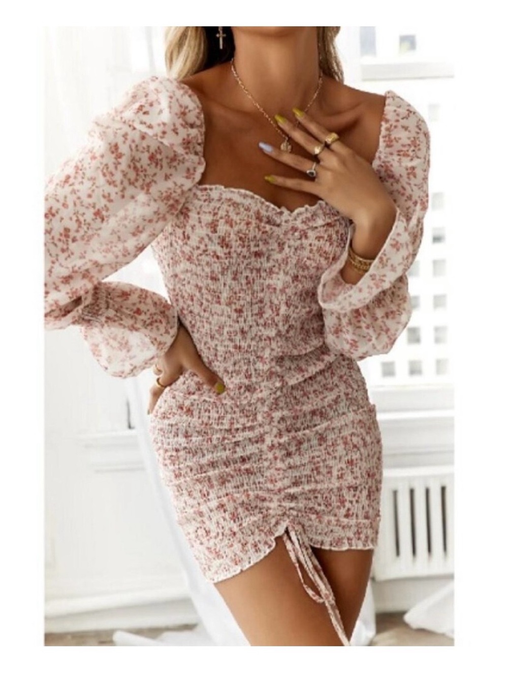 Princess Polly Azure Floral Ruched Long Sleeve Mini Dress - Size 8
